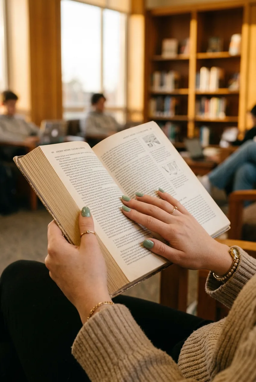 Young woman's hands with fresh gel manicure holding textbook in college setting