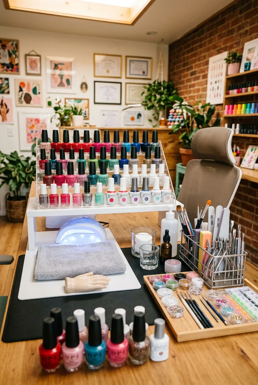 Nail technician workspace with colorful polish bottles and artistic tools organized professionally