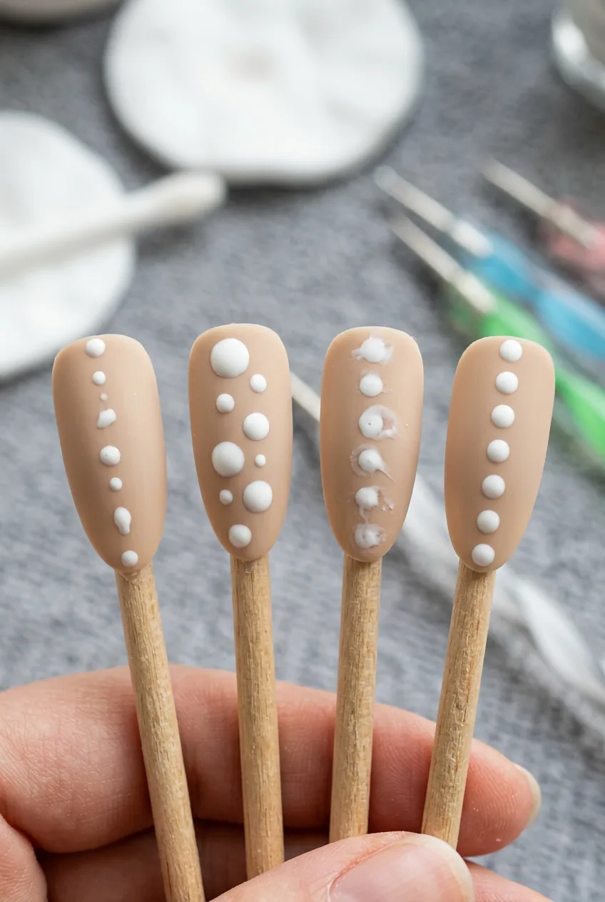 Side-by-side comparison of dotting mistakes versus perfectly executed dots on practice nail