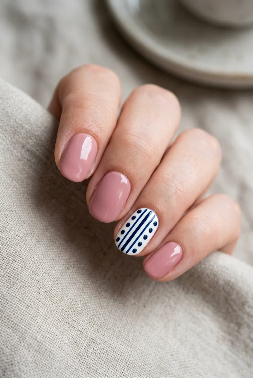 Completed accent nail featuring clean free-hand design with solid base on other nails