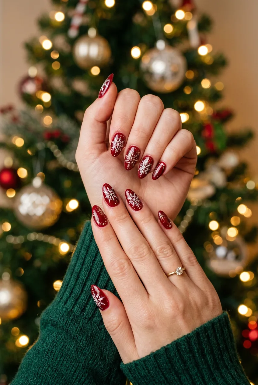 Completed festive Christmas manicure showing red base with snowflakes and gold accents
