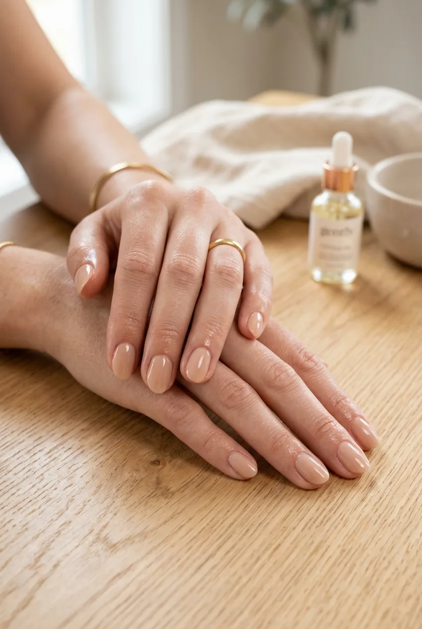 Final result showing woman's hands with completed simple glossy nude manicure