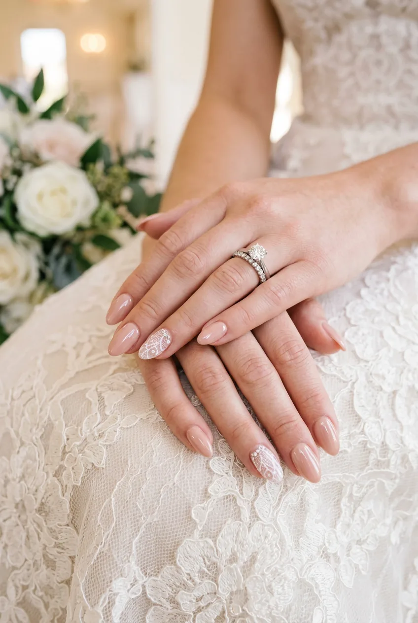 Finished wedding manicure with high-shine top coat and romantic lighting