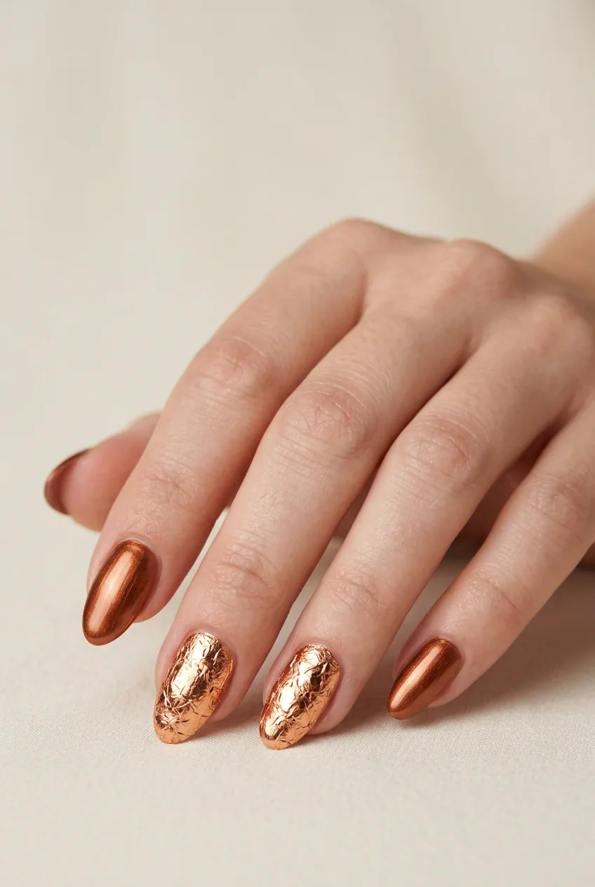 Neutral manicure with copper foil accent details creating crumpled metallic texture effects