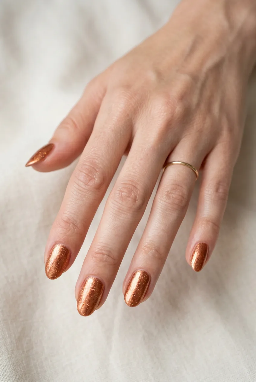 Woman's hand showing copper penny shimmer manicure with subtle metallic flecks catching light