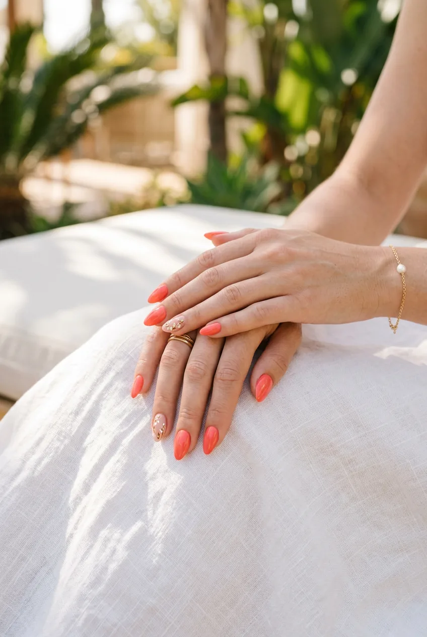 Woman's hands with coral almond-shaped nails resting on white linen fabric in bright natural light