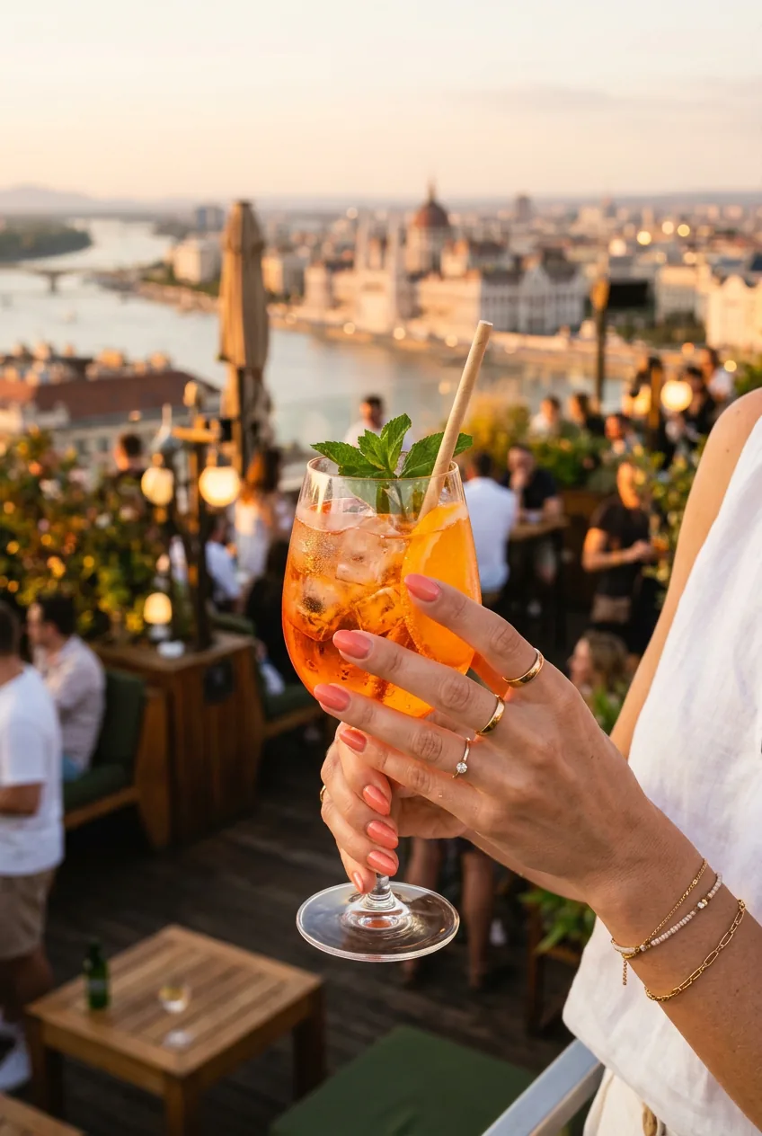 Close-up of micro-glitter nail polish with glass fleck finish around champagne flute at outdoor party