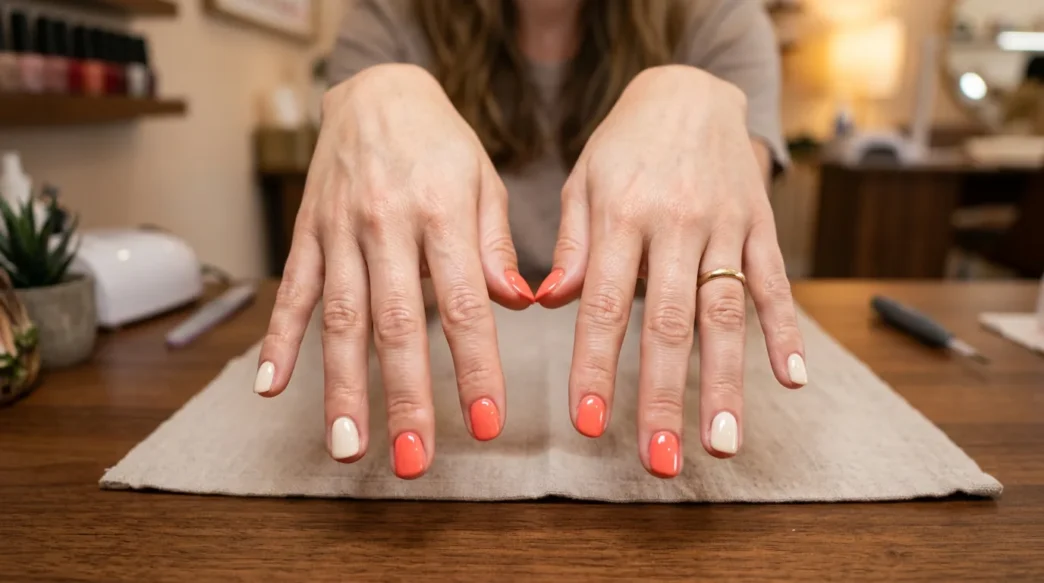 Woman's hands showing finished coral and cream summer manicure with glossy top coat on salon table