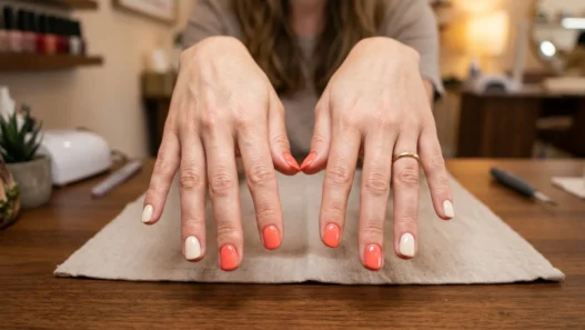 Woman's hands showing finished coral and cream summer manicure with glossy top coat on salon table
