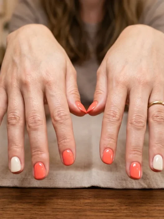 Woman's hands showing finished coral and cream summer manicure with glossy top coat on salon table