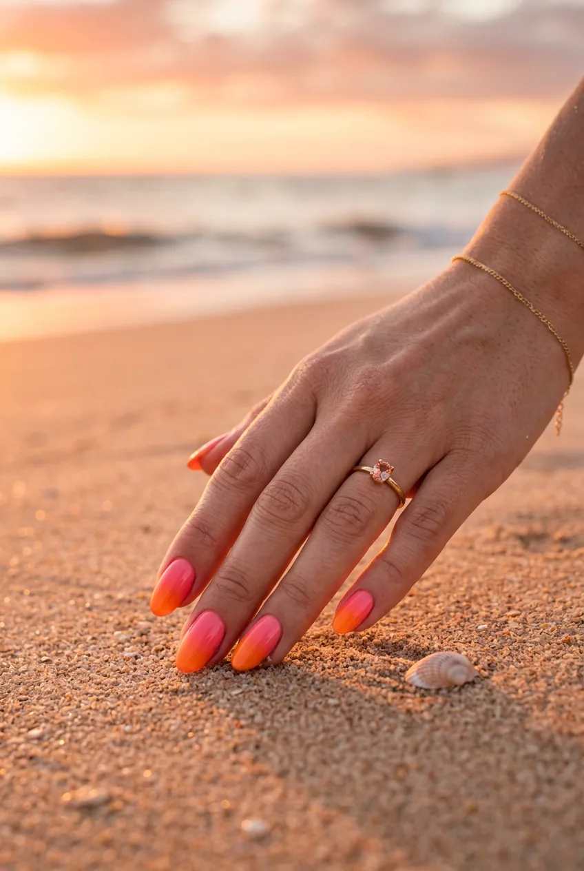 Coral crush ombré nails with smooth wet-blended color transitions on coral-toned beach sand