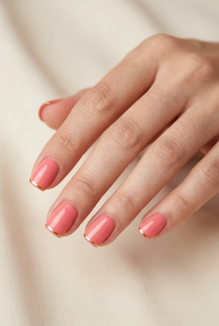 Close-up of coral pink square nails with thin gold accent stripe along the edge