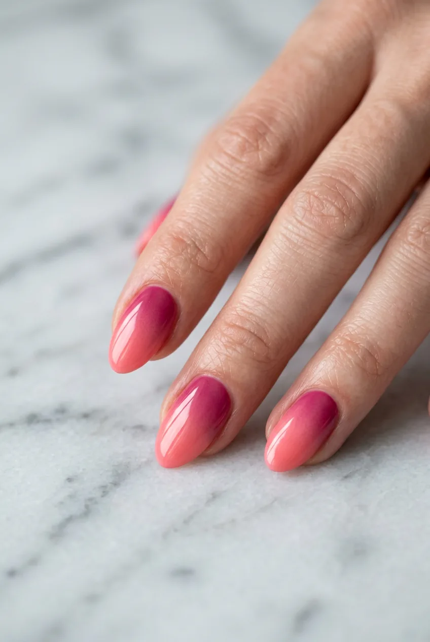 Close-up of nails showing gradient color transition from deep pink at cuticle to lighter coral-pink at tips