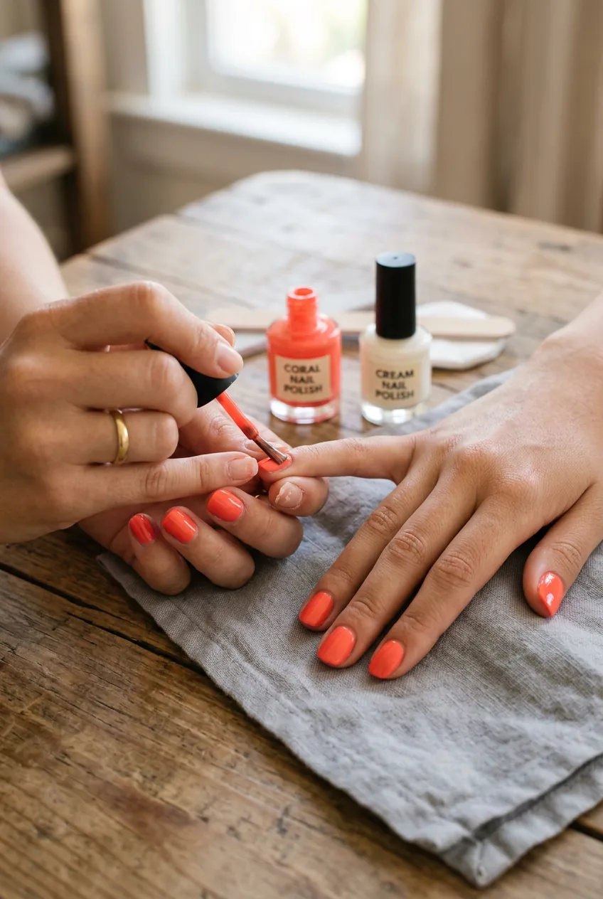 Two hands showing coral nail polish application process with completed and in-progress nails visible