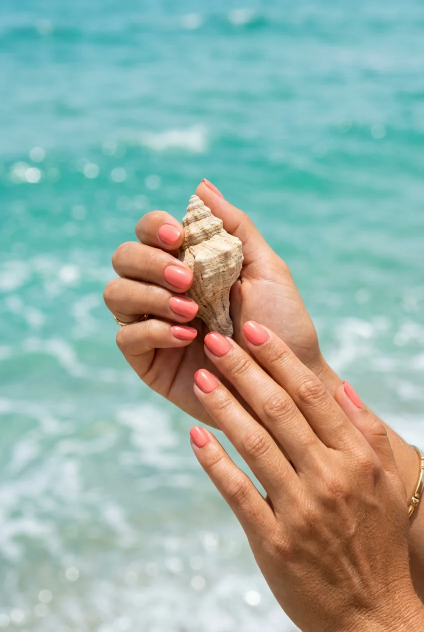 Close-up of coral nail polish on hands holding seashell against turquoise ocean water background