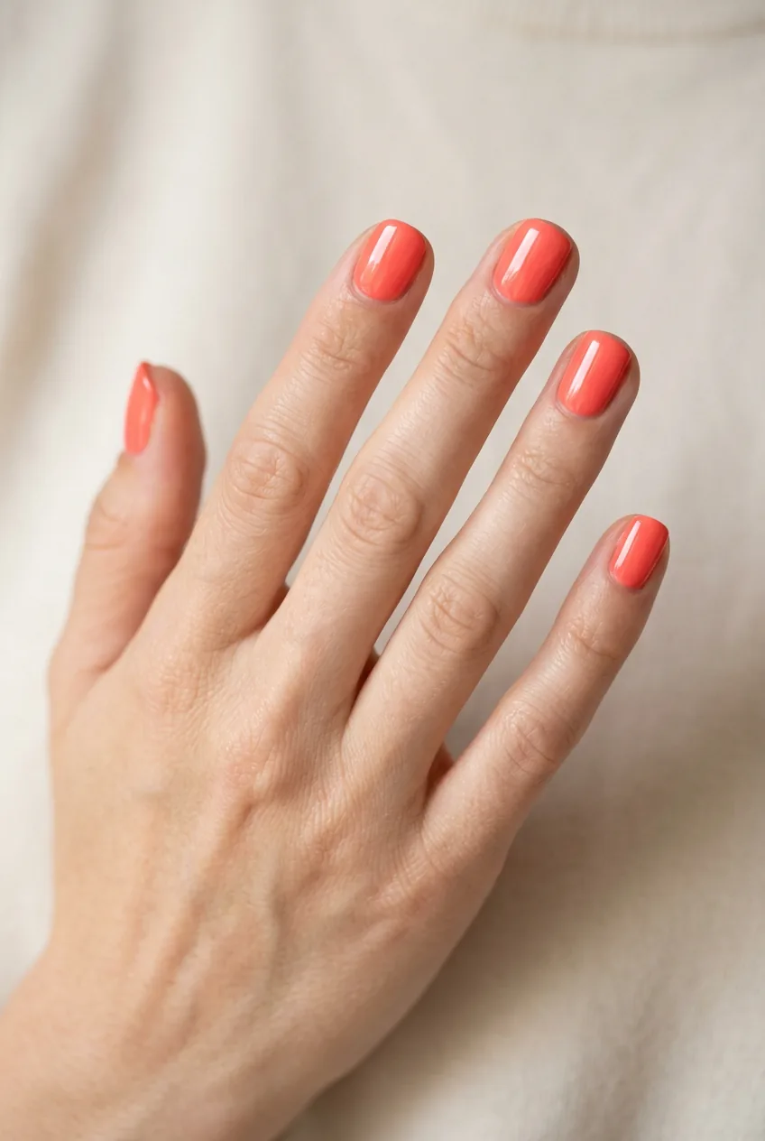 Woman's hand displaying bright coral single color manicure on short nails with summer vibes