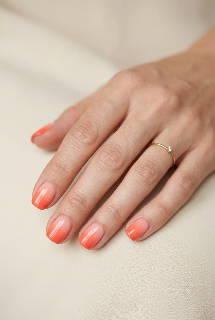 Woman's fingers showing coral sunset gradient manicure blending peach and pink tones on short natural nails