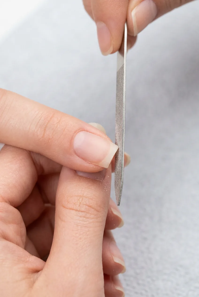 Corner filing technique with nail file positioned vertically to create sharp square corner edge