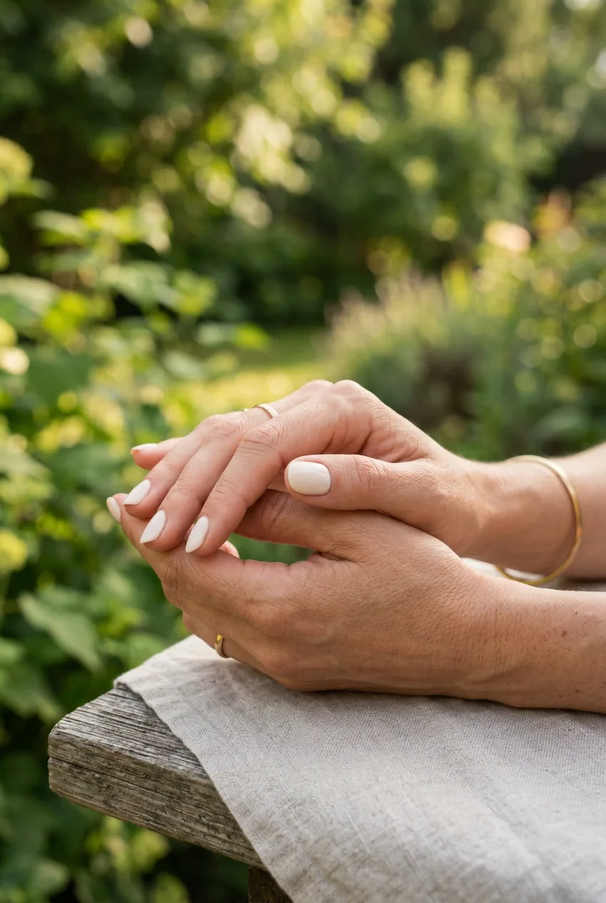 Side view of hands with cream colored short nails against soft focus natural outdoor greenery background