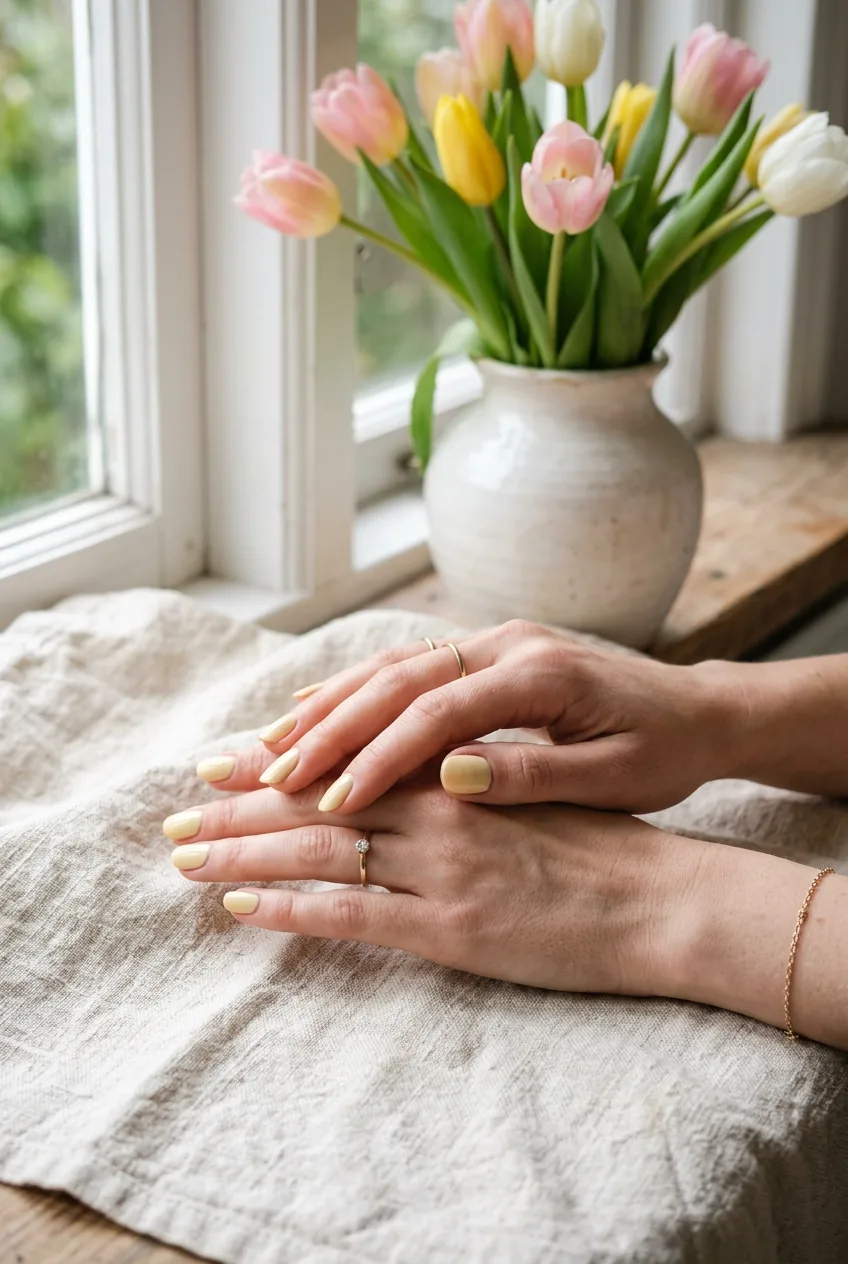 Elegant hands with cream nail polish resting on vintage linen fabric with spring tulips nearby