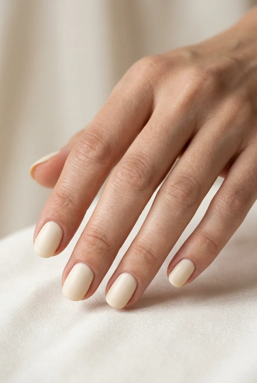 Woman's hand showing cream porcelain nails in warm ivory with luxurious satin texture