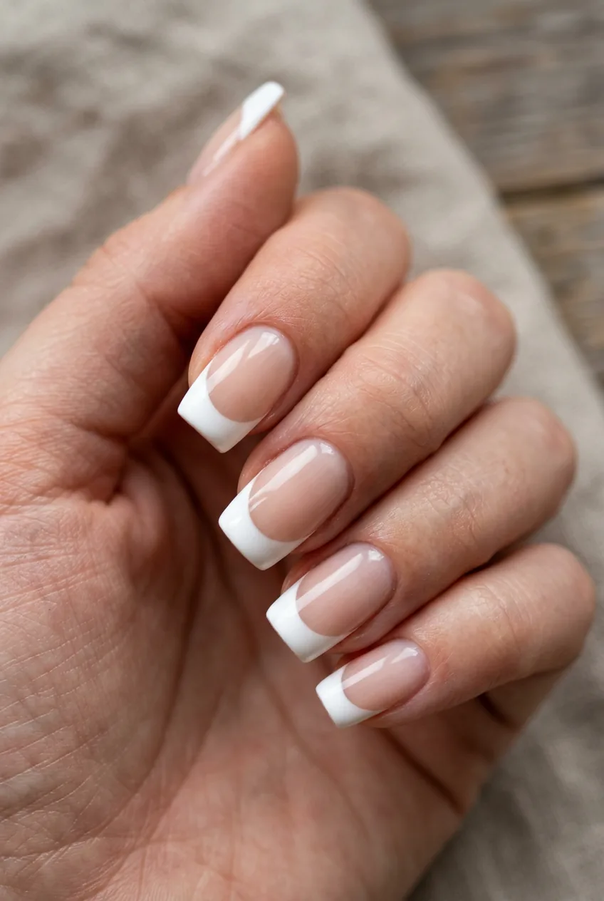 Completed French tip manicure showing fully cured polymer layers and perfect smile lines