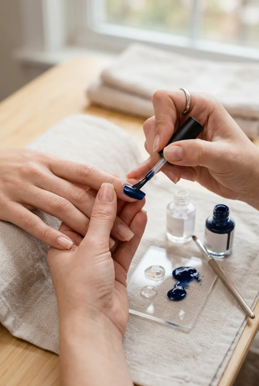 Hand applying translucent mixed polish showing color transformation during application process