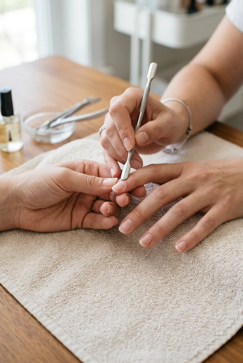 Close-up of metal cuticle pusher being used to expose nail plate during prep work