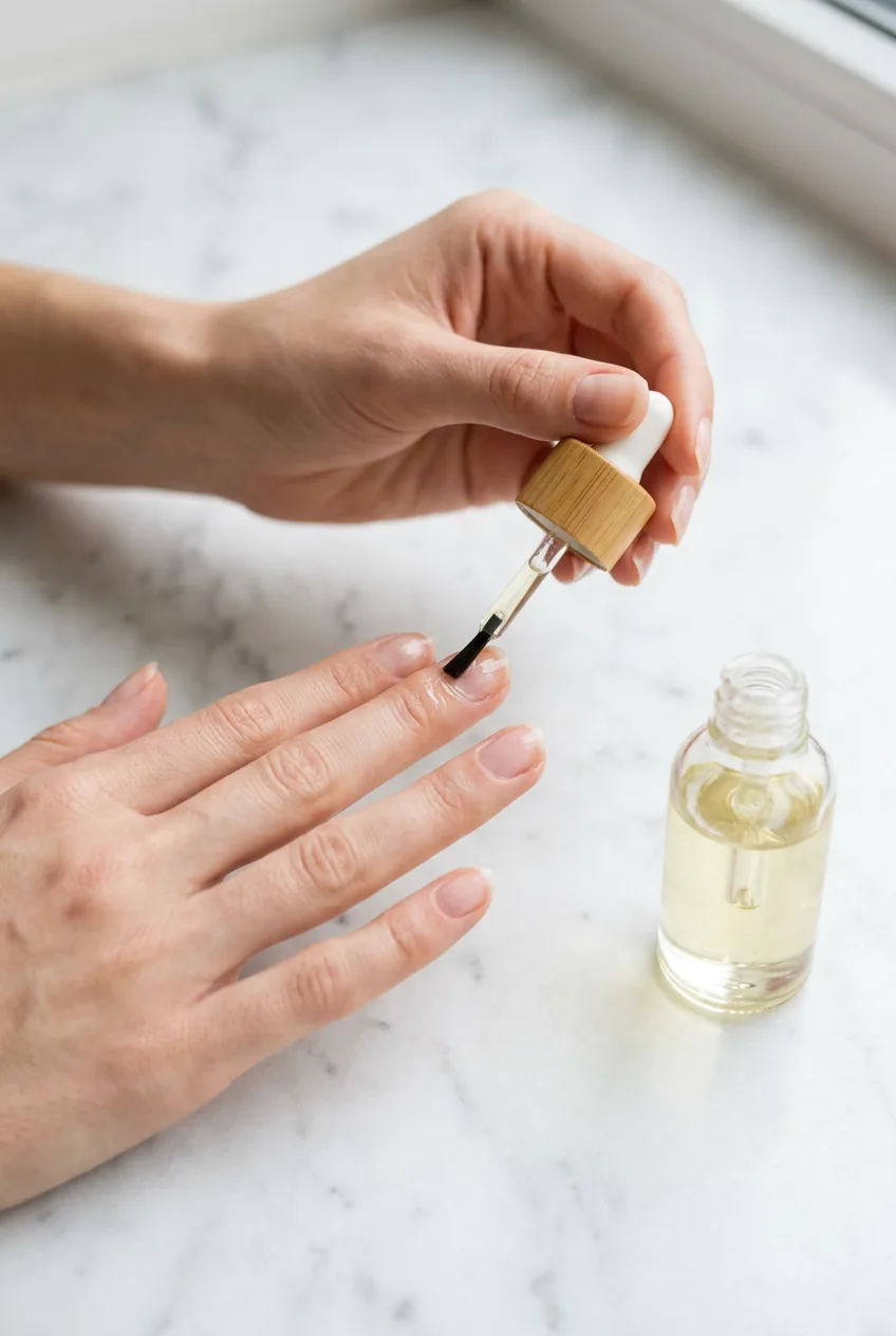 Close-up of hands applying cuticle oil with brush for nail preparation routine