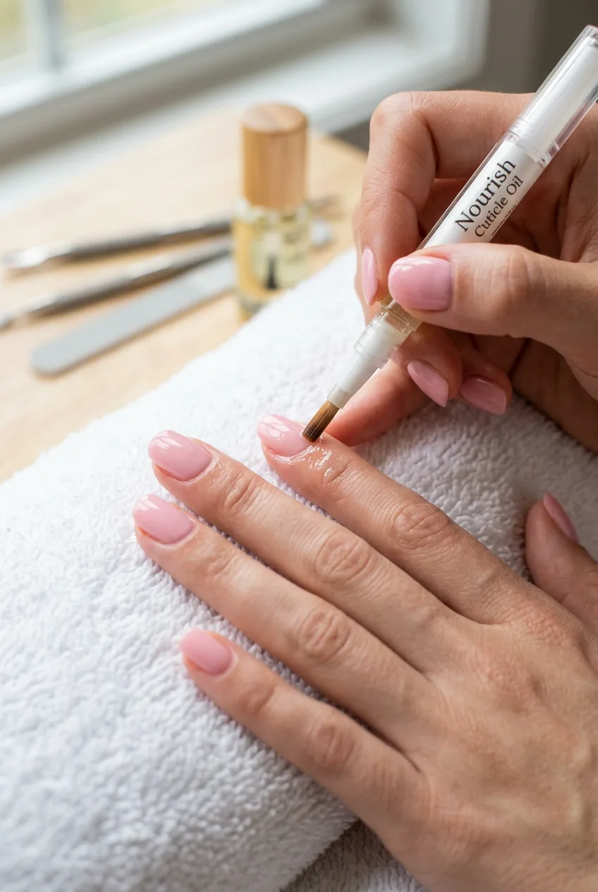 Close-up of cuticle oil application with small brush on perfectly manicured pink nails showing care technique