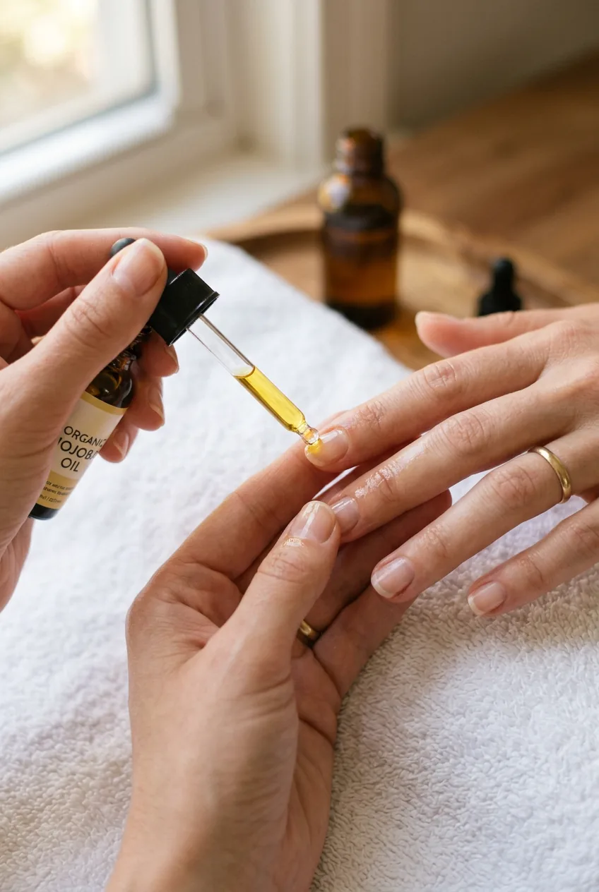 Woman applying golden cuticle oil with dropper to natural nail bed for daily moisturizing