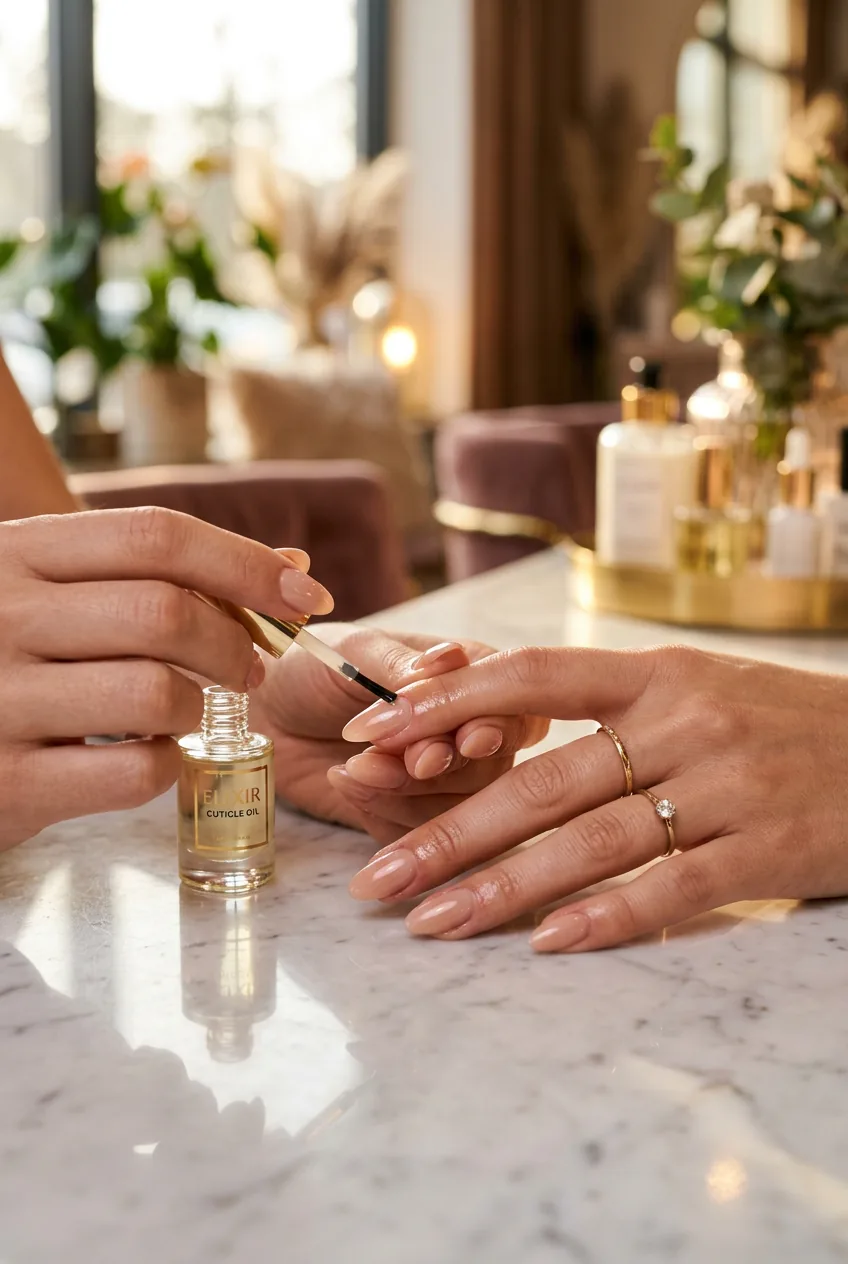 Completed manicure with cuticle oil application showing perfect glossy nails on elegant marble surface