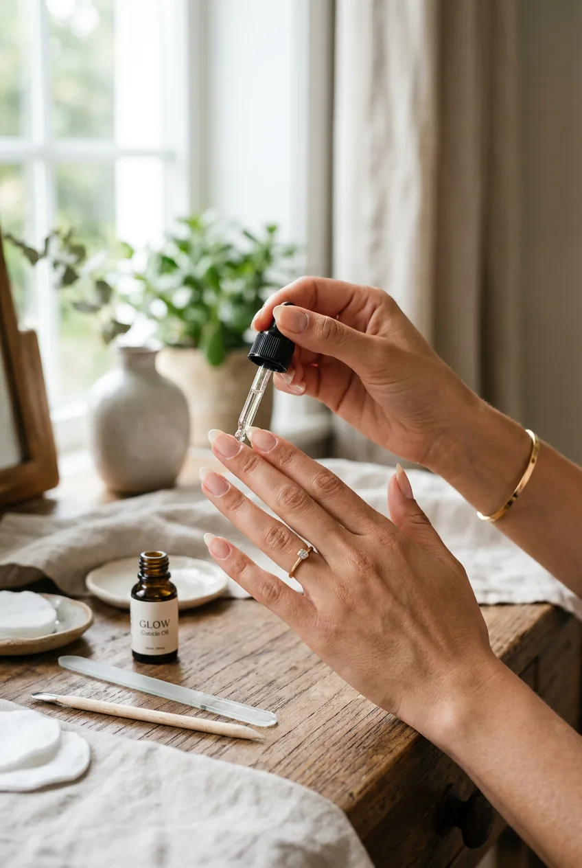 Hands applying cuticle oil to natural nails in soft morning window light with care tools