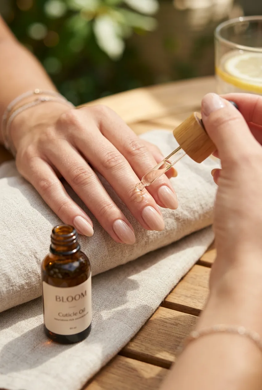 Close-up detail of cuticle oil being applied to well-manicured nails with neutral polish in natural lighting