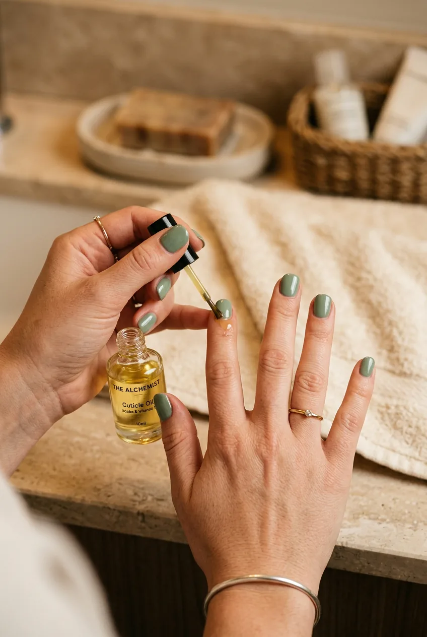 Hands applying cuticle oil to sage green manicured nails in soft bathroom lighting