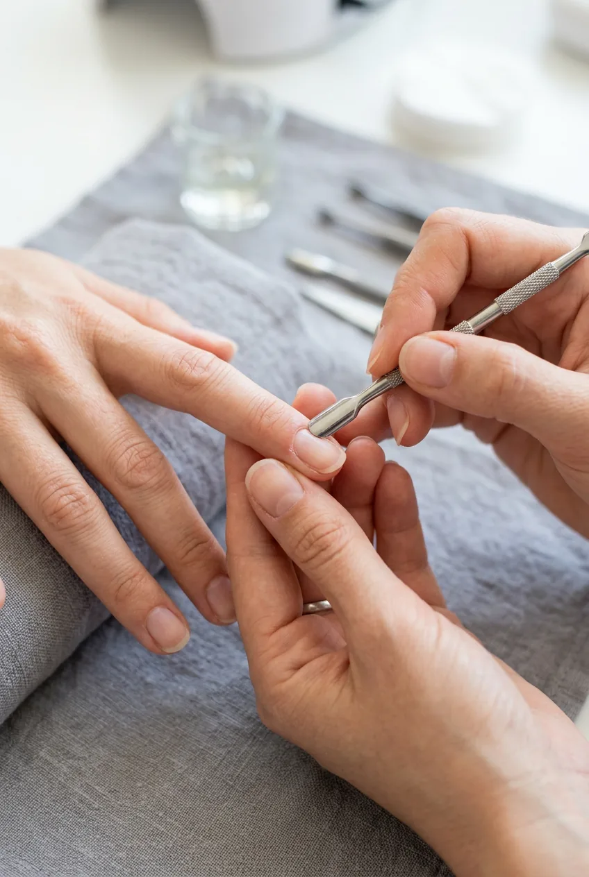 Close-up of cuticle pusher being used on natural nails during preparation step of manicure process