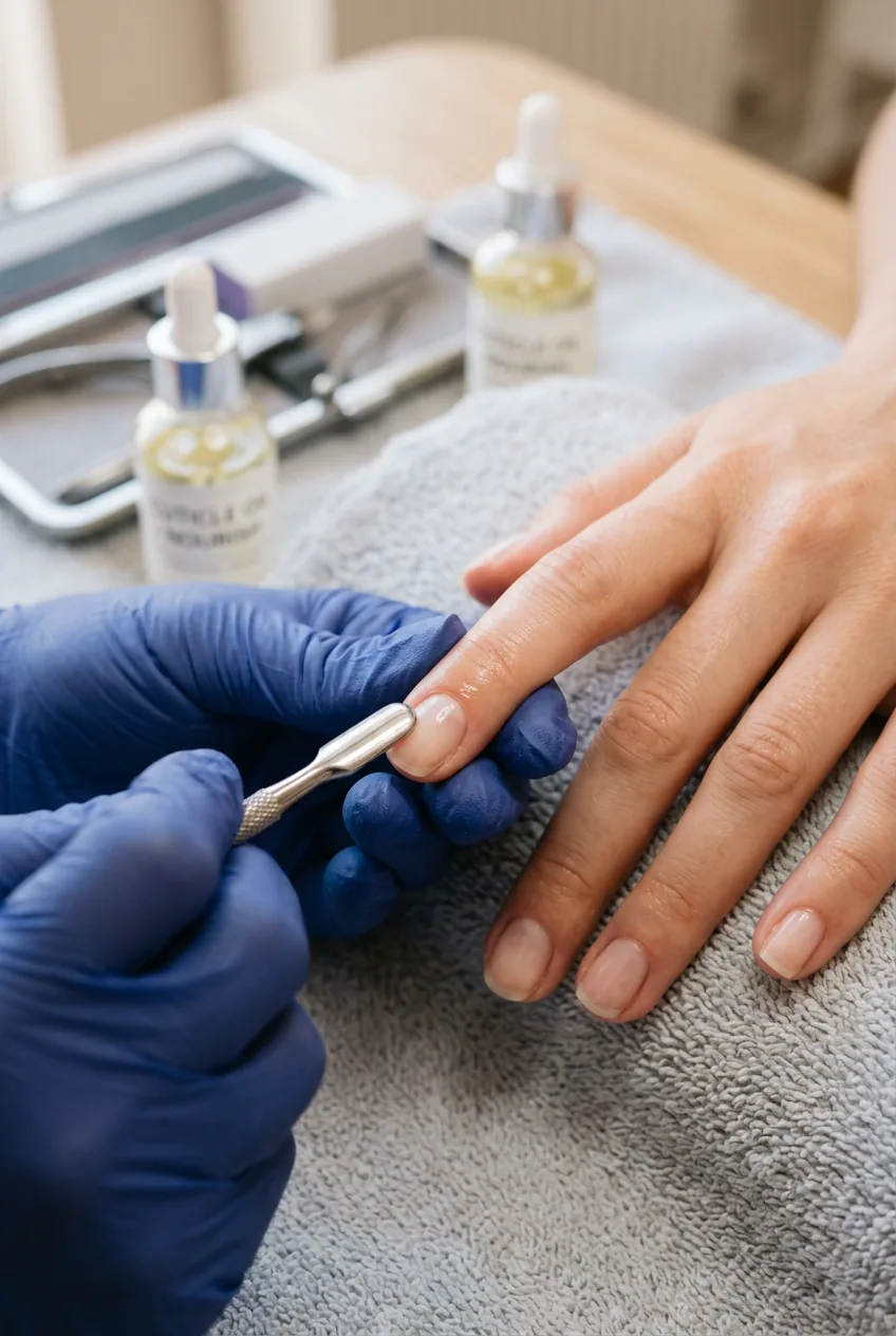 Cuticle pusher gently moving back softened cuticles on clean natural nail
