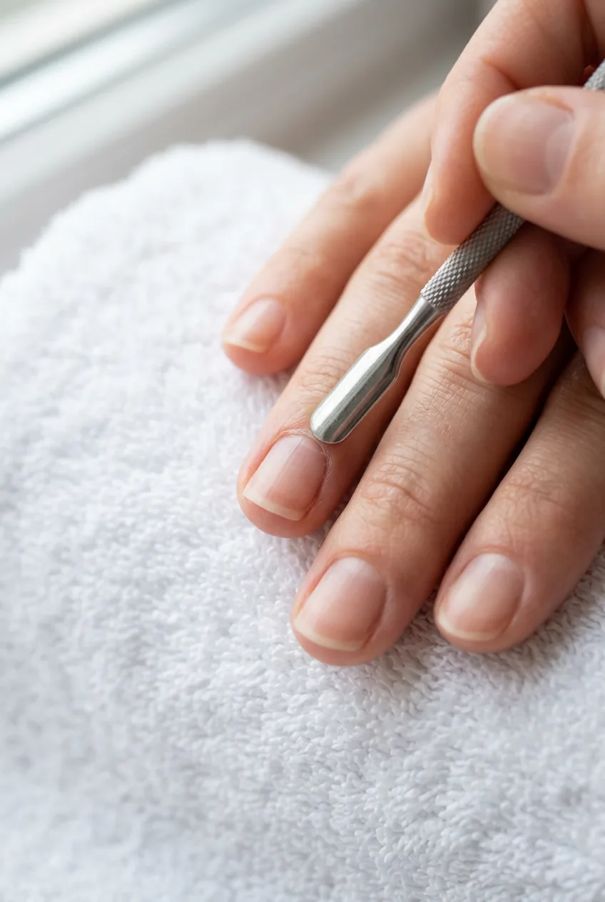 Cuticle pusher gently pushing back nail cuticles during manicure preparation process