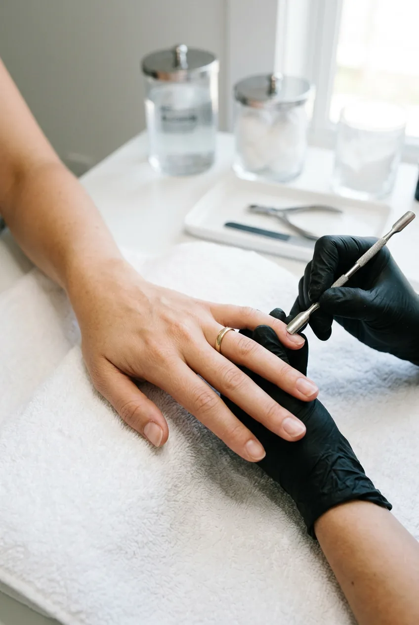 Close-up of hands during cuticle preparation showing metal pusher working on nail bed in bright salon setting