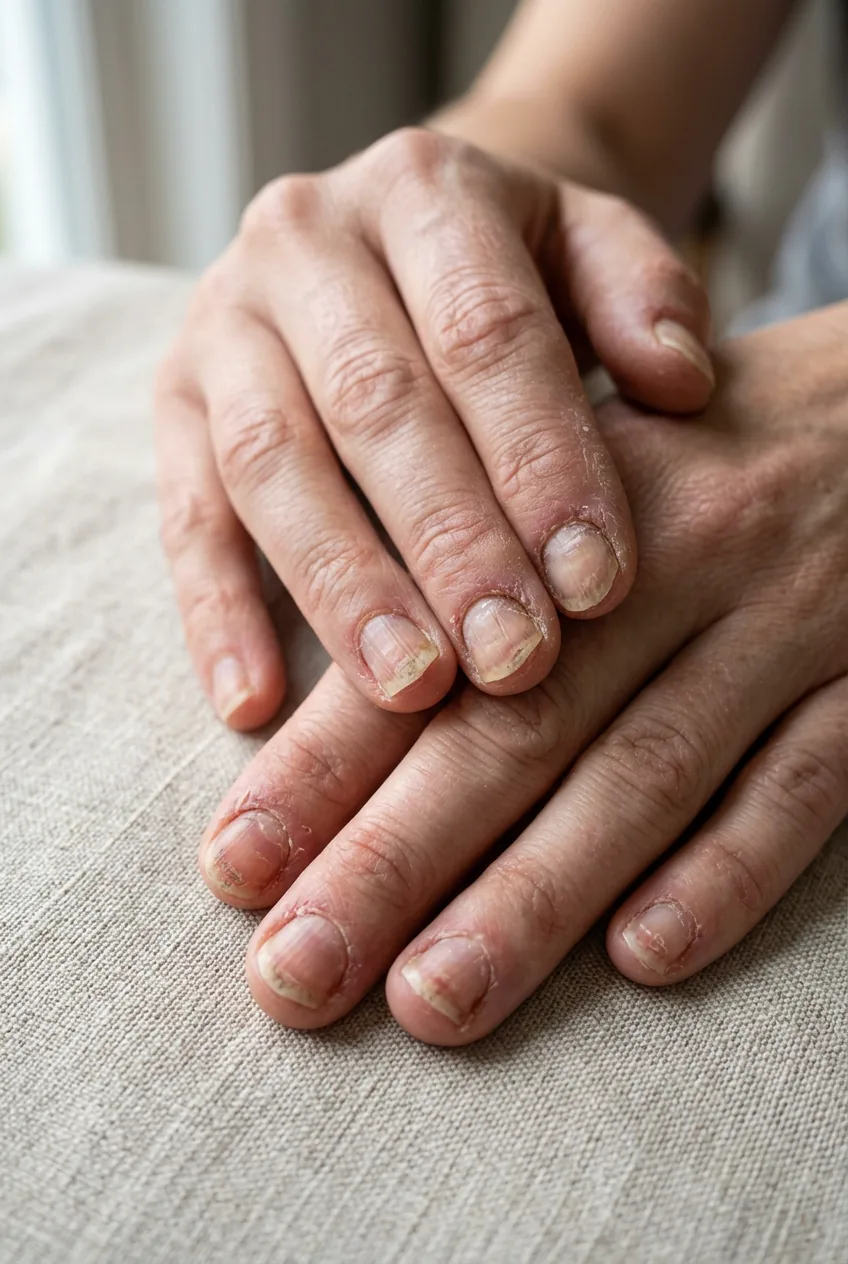 Close-up of damaged short natural nails with bitten cuticles and stained nail beds before transformation