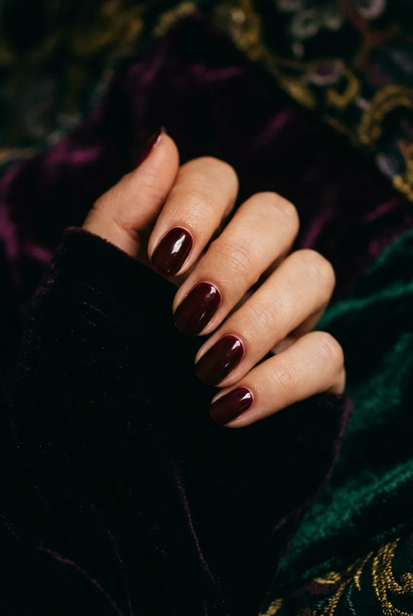Dark cherry burgundy nails with deep undertones in moody atmospheric lighting