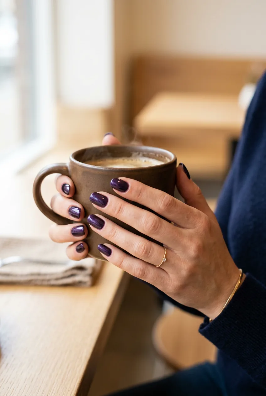 Hands holding coffee cup displaying sophisticated dark purple nails with subtle shimmer