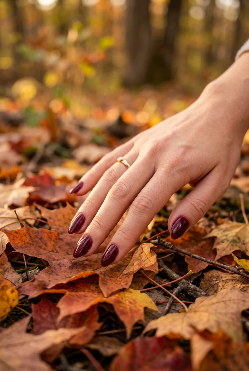 Close-up of deep burgundy solid color manicure against scattered maple leaves in fall setting