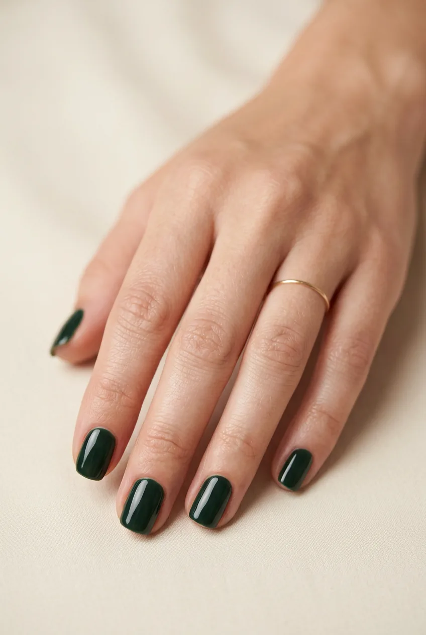 Woman's hand with deep forest green manicure featuring dark mysterious undertones