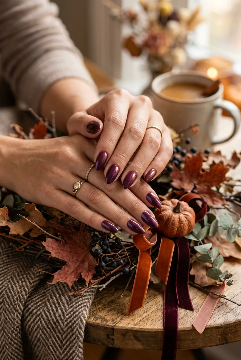 Elegant hands with deep plum nails showing color variation in different lighting conditions