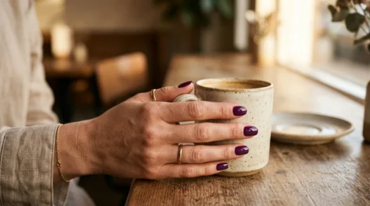 Woman's hand with deep purple manicure in soft golden hour lighting showing fresh nail polish