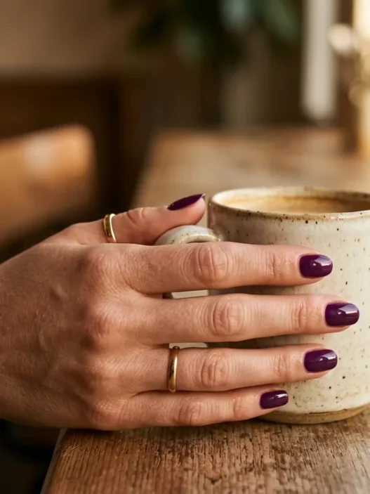 Woman's hand with deep purple manicure in soft golden hour lighting showing fresh nail polish