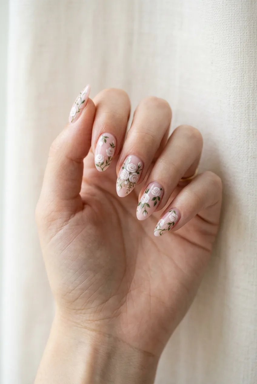 Woman's hand displaying delicate hand-painted floral designs on soft pink almond nails