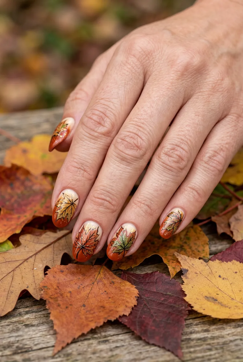 Intricate hand-painted maple leaf nail art with detailed veins and color variations on real fall leaves