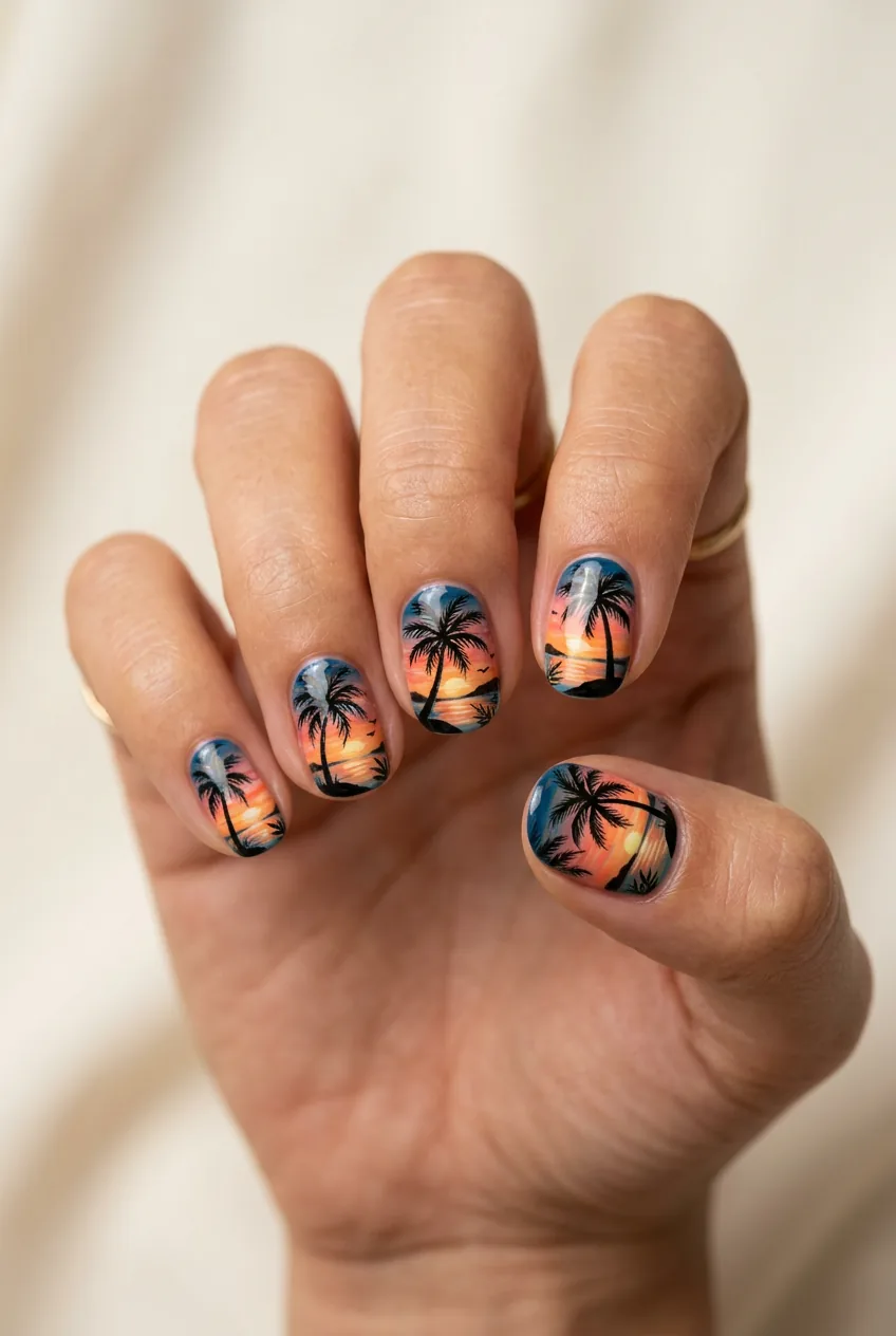 Woman's fingers displaying detailed palm tree nail art with tropical sunset on short nails